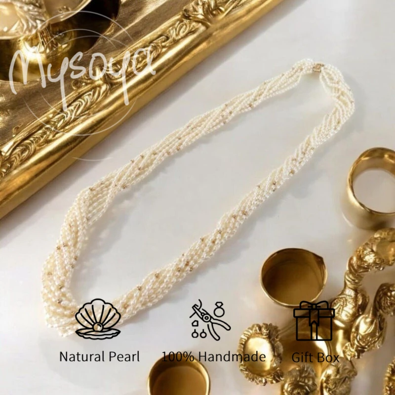 

MYSOYA Multi-layer White Rice-shaped Baroque Freshwater Pearl Necklace 2-3mm With Gift Box For Her/ Him For Birthday Wedding