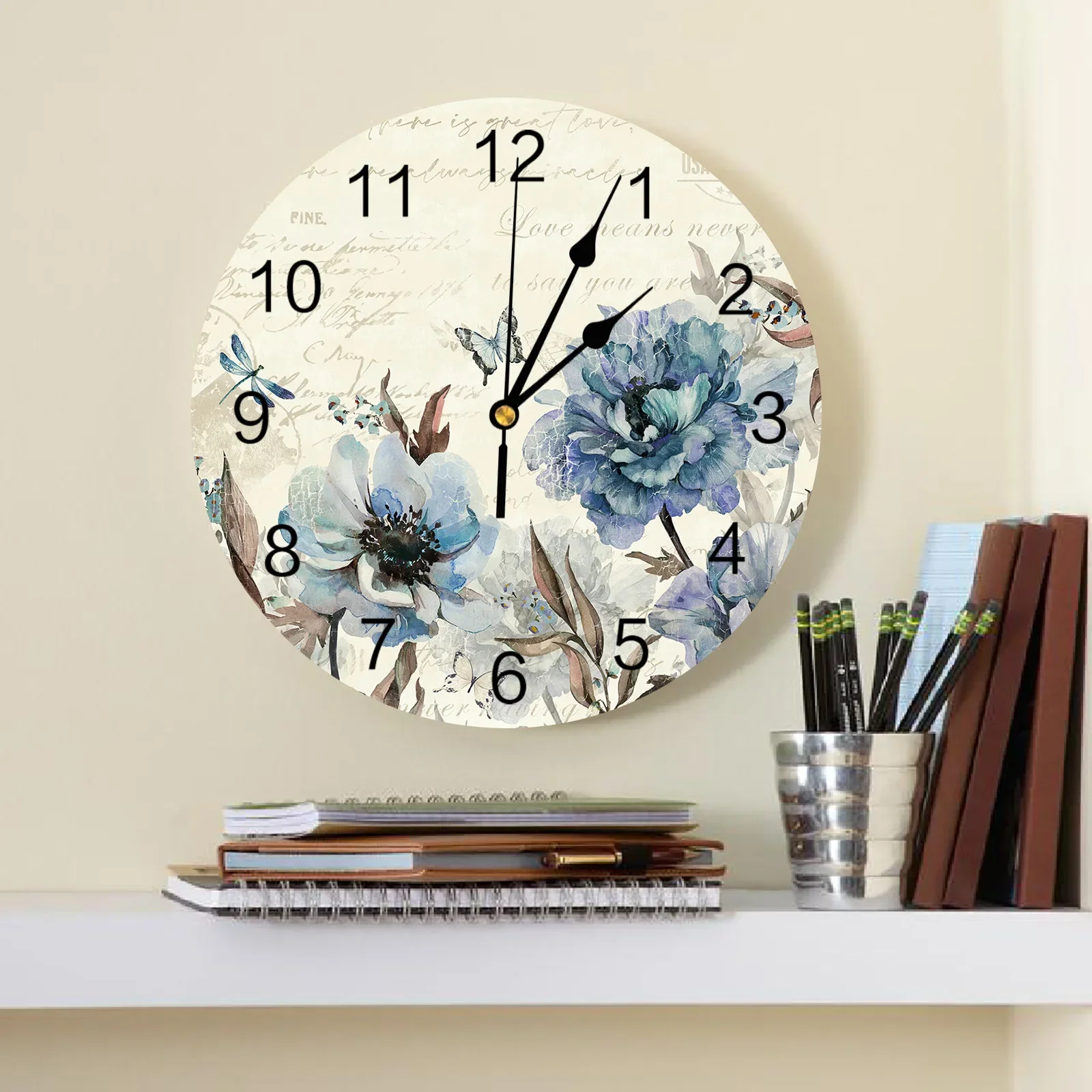 Vintage Flowers Butterflies Peonies Wall Clock Large Modern Kitchen Dinning Round Wall Clocks Bedroom Silent Hanging Watch