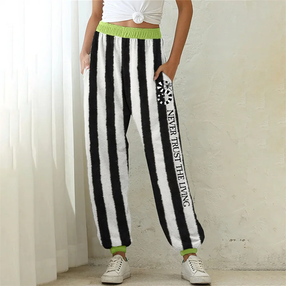 

New autumn and winter bundled black and white striped 3D printed women's elastic pocket pants fashionable street sports pants