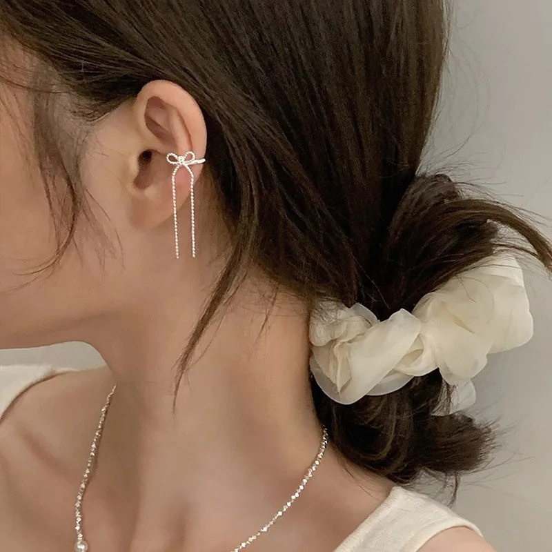 Pendientes de gota con borla larga y lazo para mujer y niña, aretes colgantes de cuentas de cadena, sin Piercing, Clip para la oreja, accesorios de joyería para fiesta