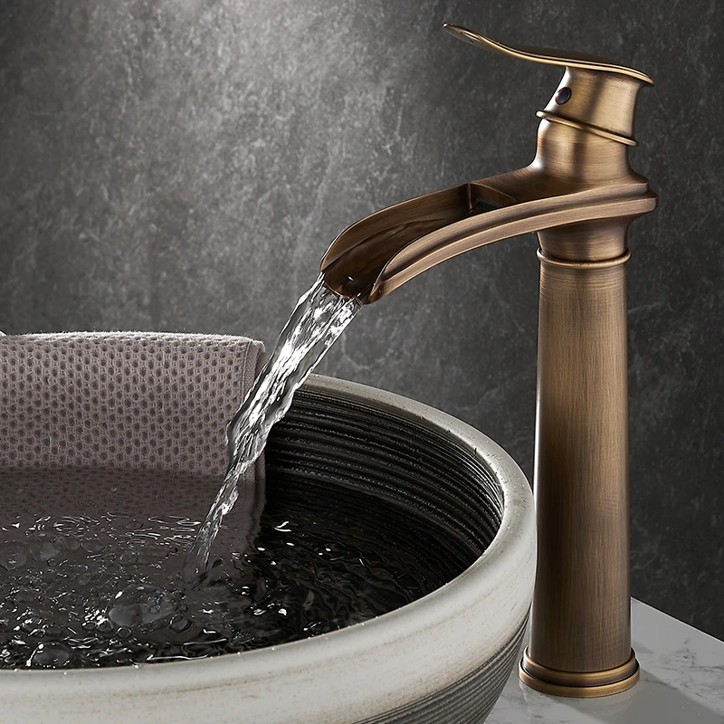 

Waterfall all-copper antique faucet hot and cold bathroom face wash basin table basin retro simple wash basin European style