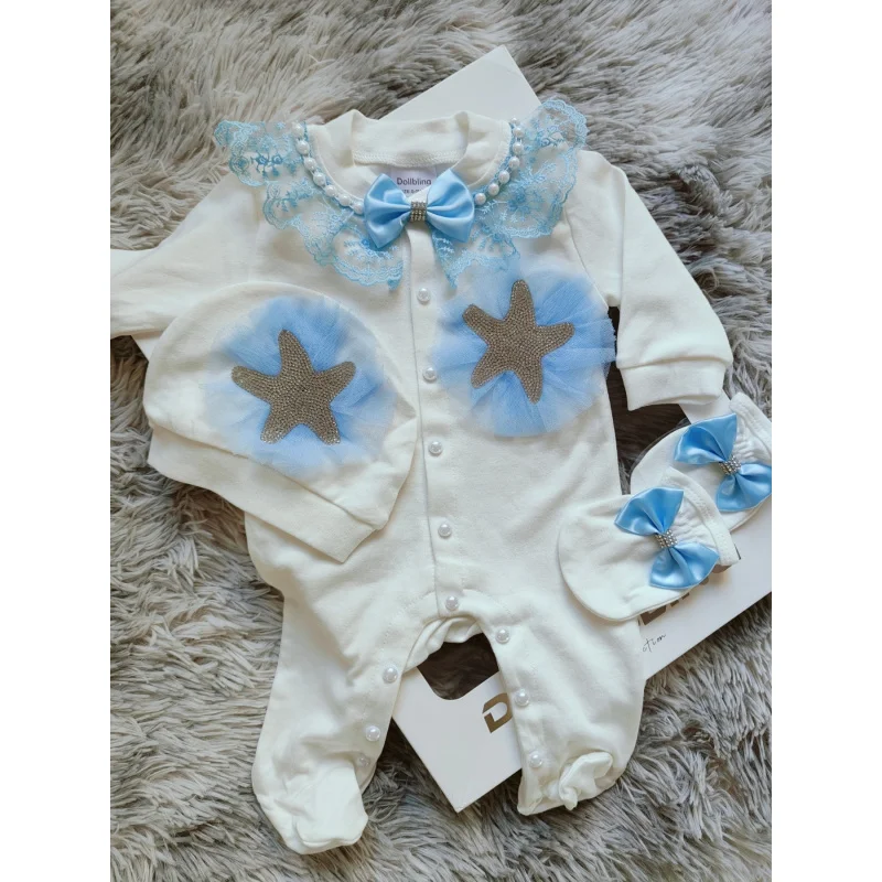 Newborn Starfish Romper Set，Soft pure cotton jumpsuit with lace collar、Bow hat and mittens，Skin-friendly rhinestone design，Suita