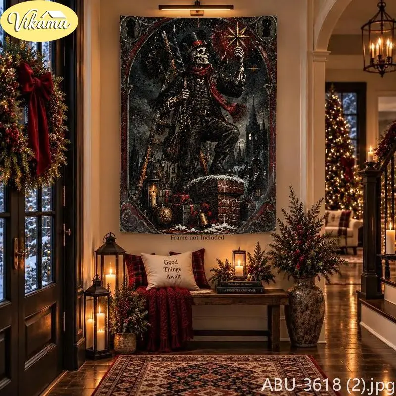 VIKAMA Dark Christmas Bonfire Skeleton Tapestry, Winter Night Castle Background Cloth, Party Wall Decor