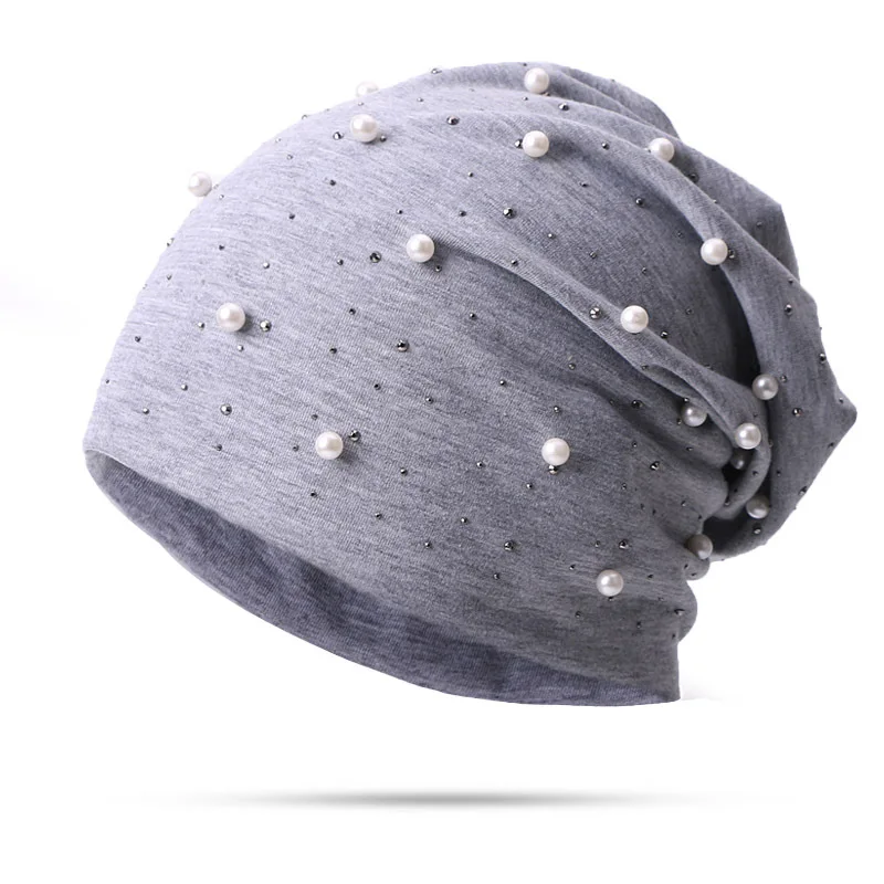 Autumn Winter Warm Baggy Slouchy Beanie Hat For Lady Female Rhinestone Pearl Soft Fordable Skullcaps Casual Turban Bonnet Hat