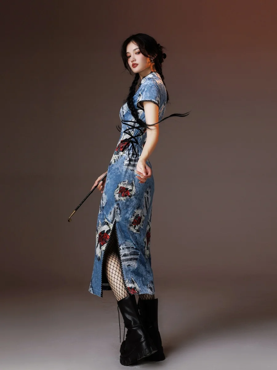 Jupe longue Qipao en velours imprimé denim, élégante, à fente haute, pour femme, confortable, style vintage hippie, pour le quotidien