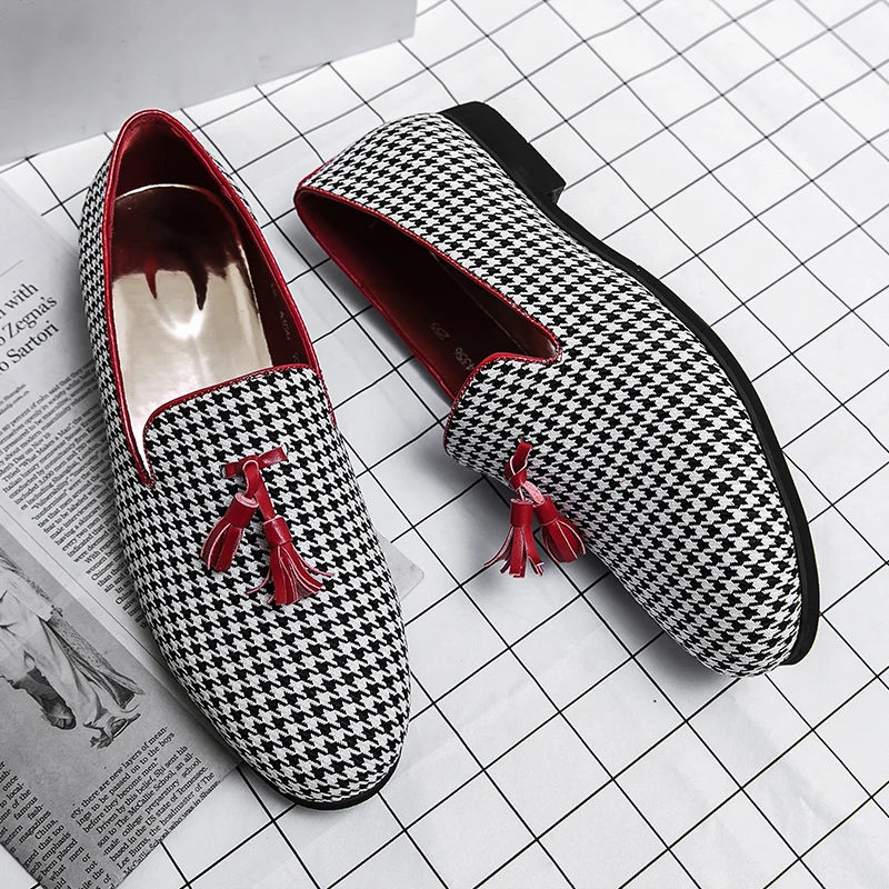 houndstooth men loafers cow suede leather shoes party nightclub dress slip on summer shoe comfortable sneakers zapatos hombre