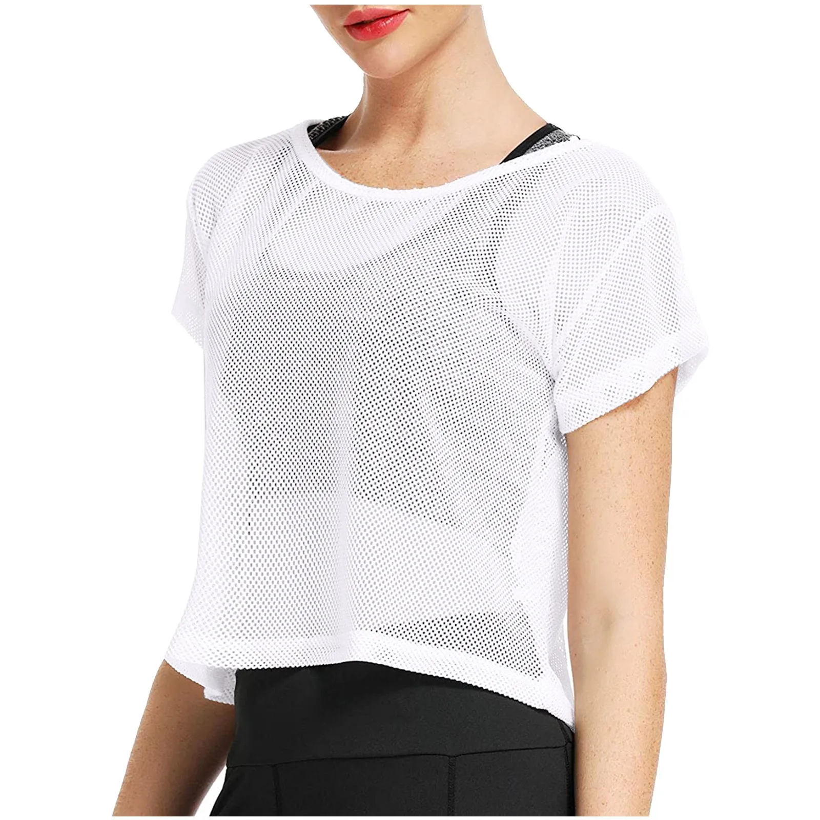 Sheer Mesh T Shirt For Women Sport Pullover Short Sleeve T-Shirts Solid Crop Top Tee Shirt Women\'S Autumn Clothes Pulovers