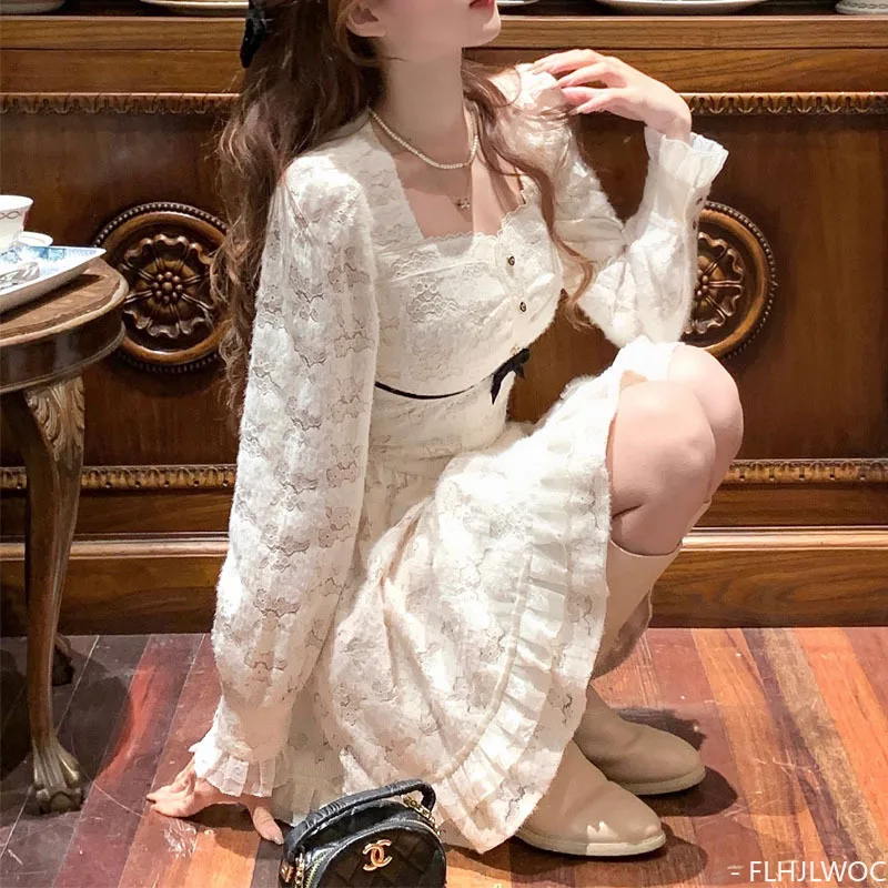 2024 Date Girls Little Small Dress Party Mini Lolita Style Girls Cute A Line Bow Tie White Lace Sanding Dresses Women Vestidos