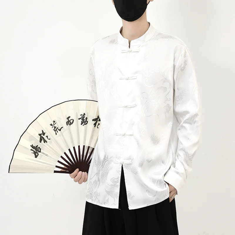 Oriental Style Long Sleeve Shirt Dragon Pattern Mandarin Collar Blouse with Frog Buttons Retro Loose Fit Fall Top for Men M-5XL