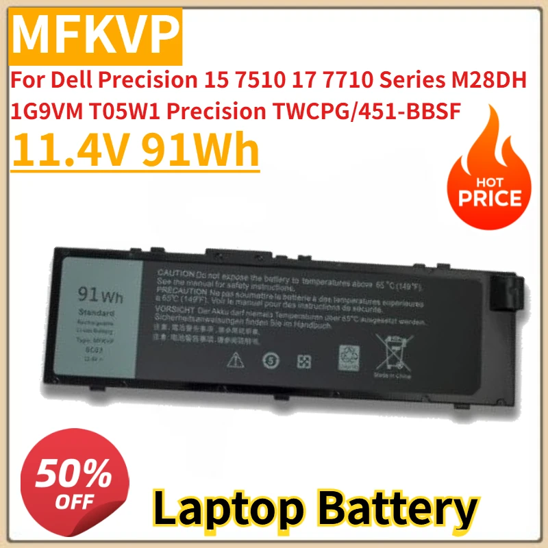 

New MFKVP Laptop Battery 11.4V 91Wh for Dell Precision 15 7510 17 7710 Series M28DH 1G9VM T05W1 Precision TWCPG/451-BBSF