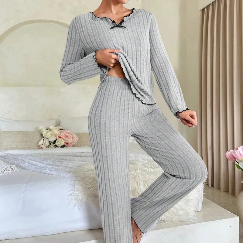 2025 New Autumn and Winter Pit Stripe Black Border Fungus Casual Comfortable Home Clothes Women's Pajamas Set Long Sleeved Pants
