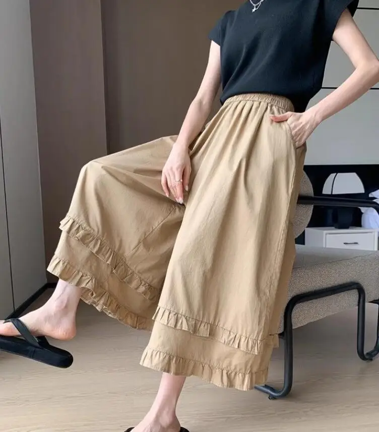 Ankle-Length Wide Leg Pants Women Summer Casual Culotte Lace Ruffled Edge Pants