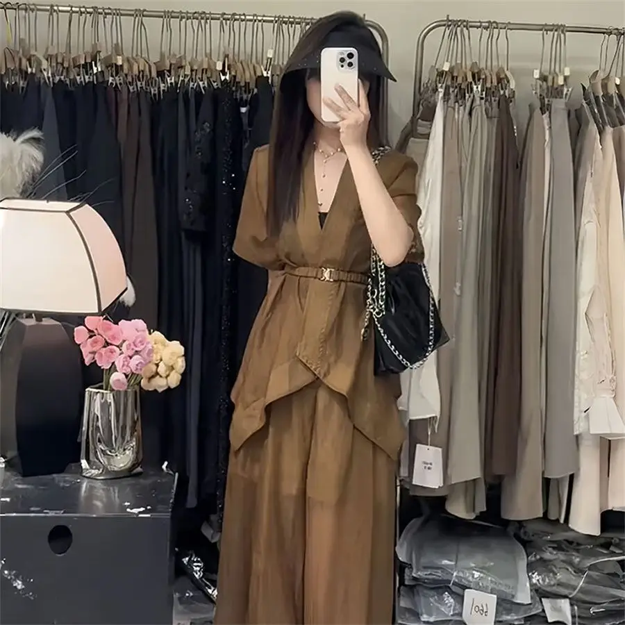 

Fashion Women's Set Spring and Summer French Luxury V-neck Perspective Short Sleeve Shirt Wide Leg Pants Two Piece Set