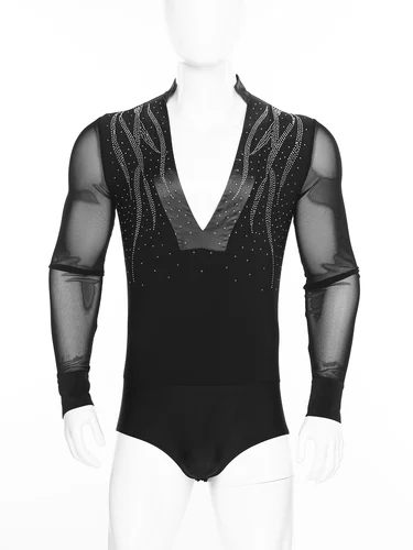Imagen 2 del producto Leotardo de baile latino para hombre, patinaje artístico, Ballet, baile de salón, traje de actuación de Tango, mono de manga larga con diamantes de imitación brillantes