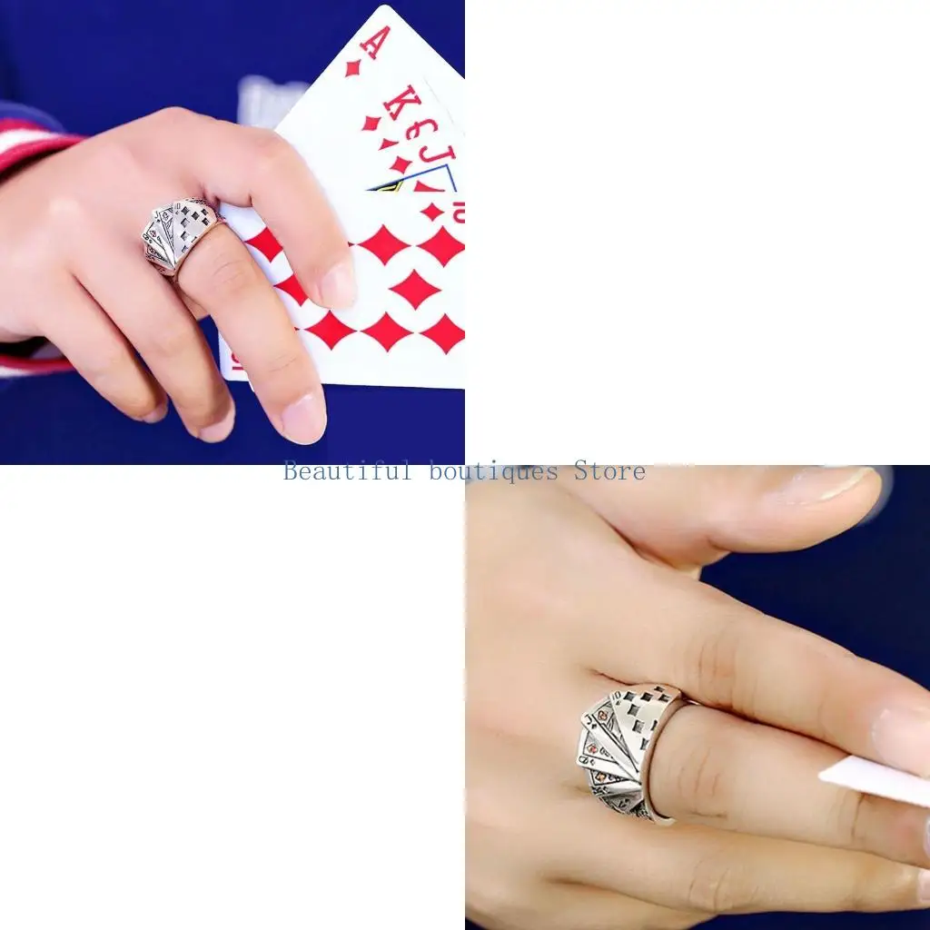 U4LF Poker Games Ring Playing Cards Statement Open Band Ring Vintage Gambling Punk Jewelry Adjustable for Women Men