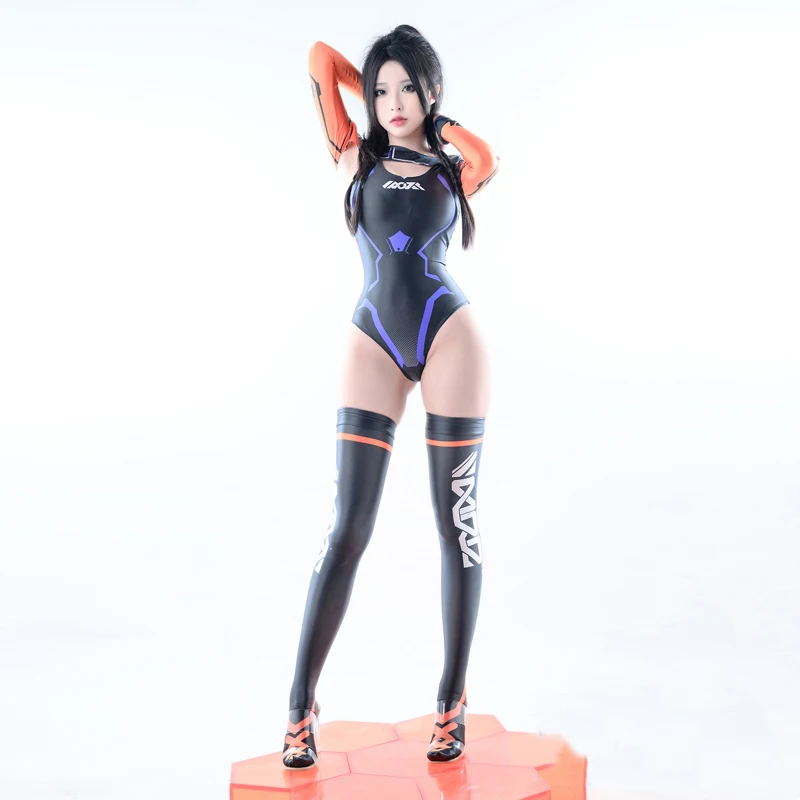 Sexy women Gloss Swimsuit Tights Satin Shiny Japanese Body Suits Long sleeved Gaming style raglan sleeves suit three-piece