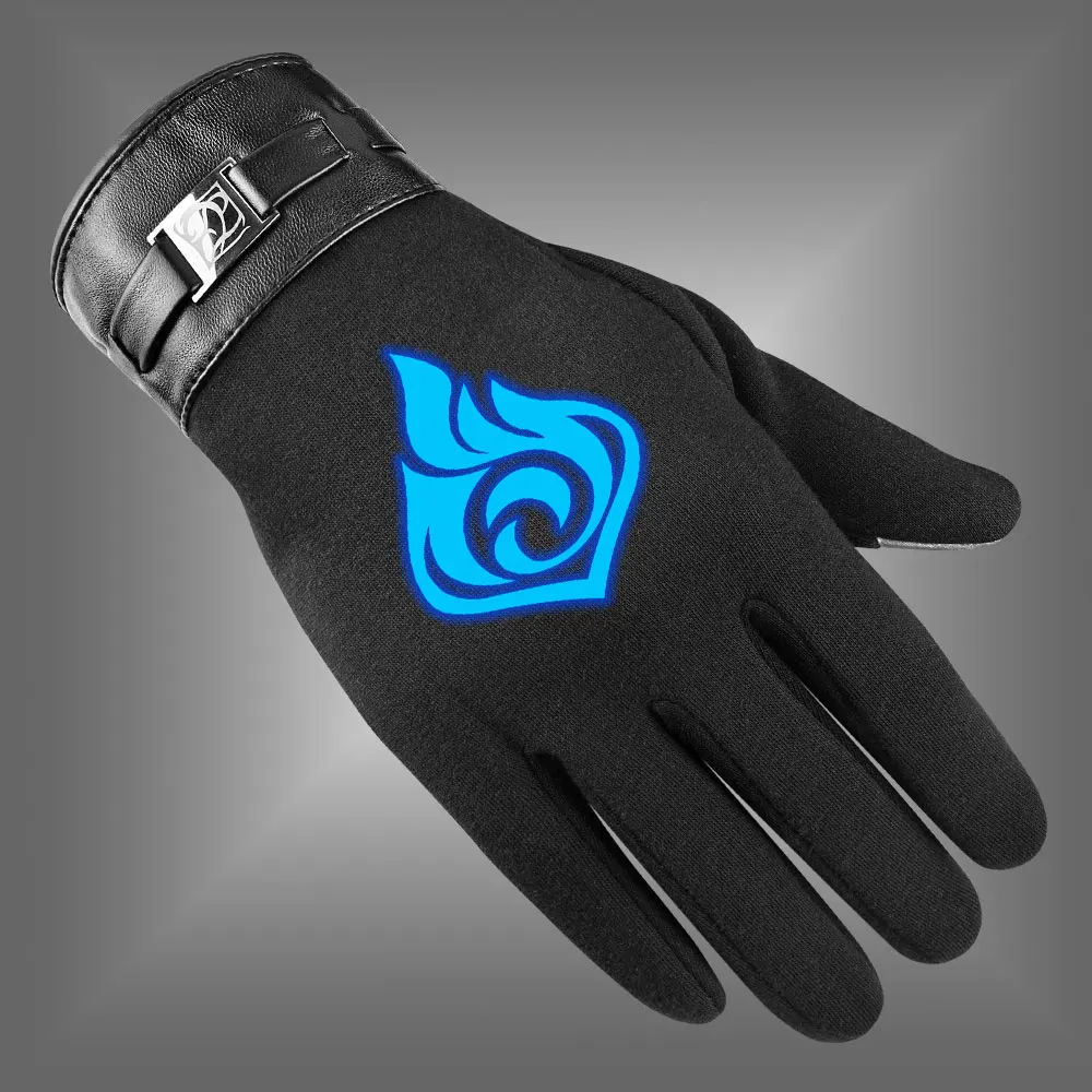 Game Genshin Impact Gloves Fluorescent Luminous Cryo Element Winter Warm Fleece Lined Touch Screen Gloves For Men Mittens