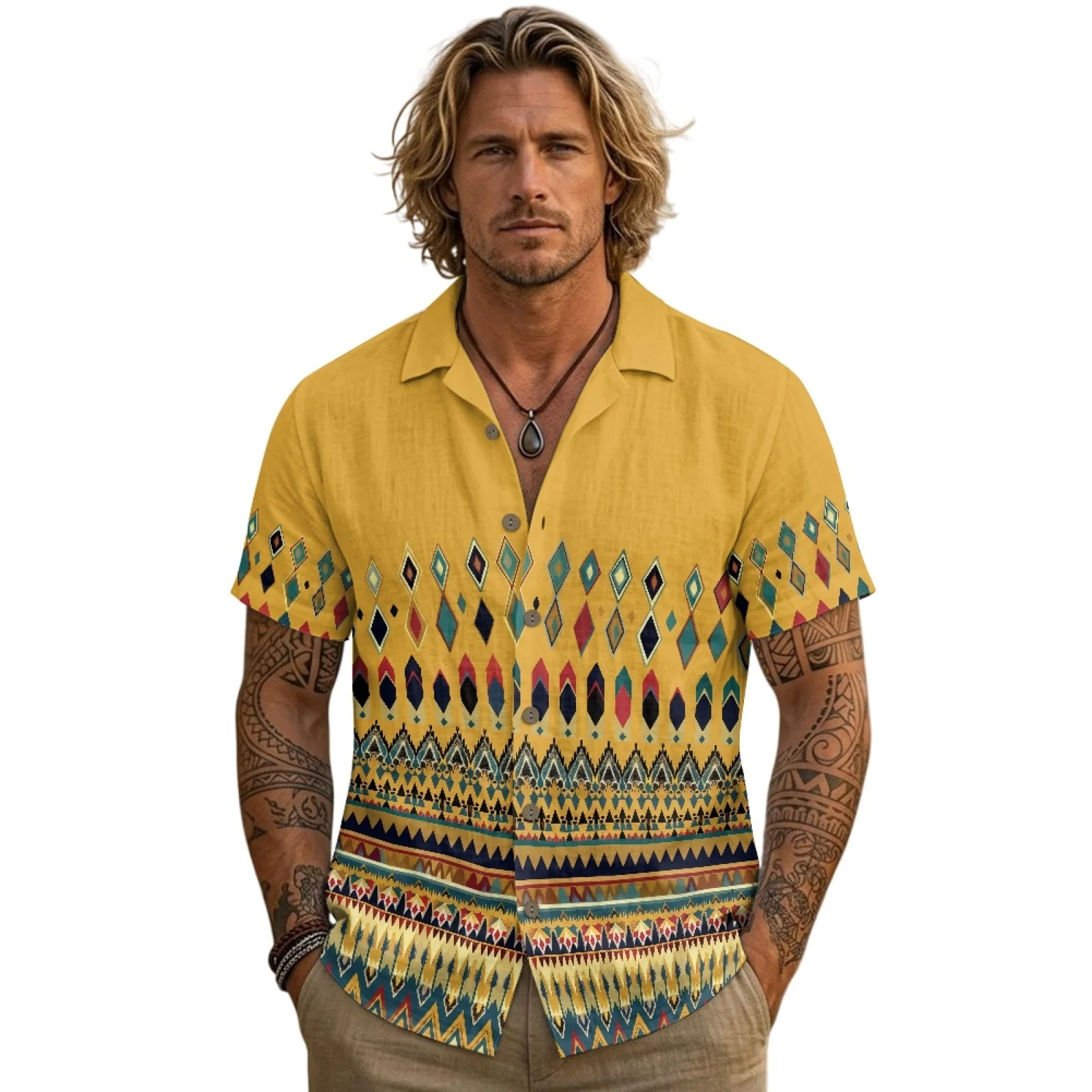 PENSTROLL Geometric Border Print Linen Like Men's Shirts Casual Men's Top for Beach S-3XL