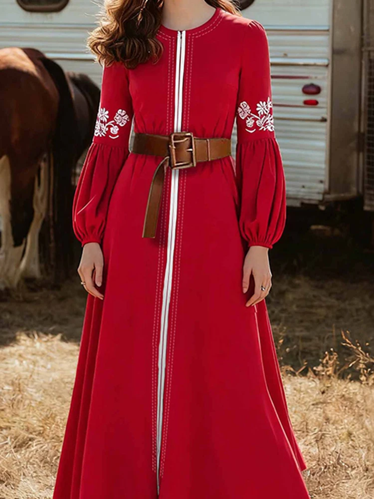 

Повседневное богемное платье макси с принтом и круглым вырезом, высокой талией, вечернее платье с длинными рукавами и фонариком, темпераментное простое женское платье на молнии