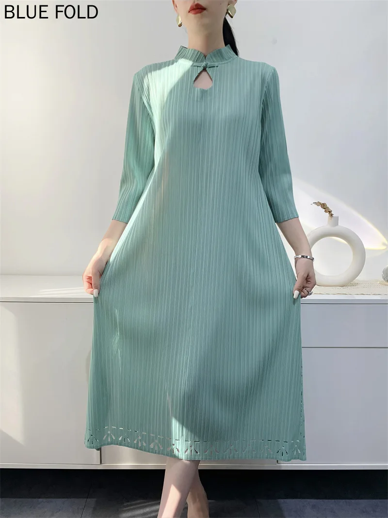 Miyake 2025 primavera e verão novo vestido plissado feminino high-end estilo chinês vestido plissado comprimento médio elegante robe