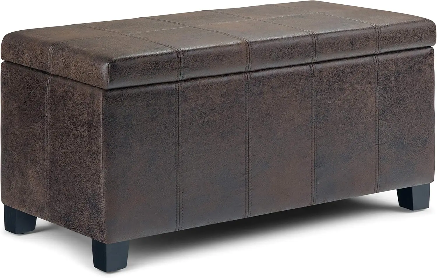 

36 inch Wide Rectangle Lift Top Storage Ottoman Bench in Upholstered Distressed Brown Faux Leather, Footrest