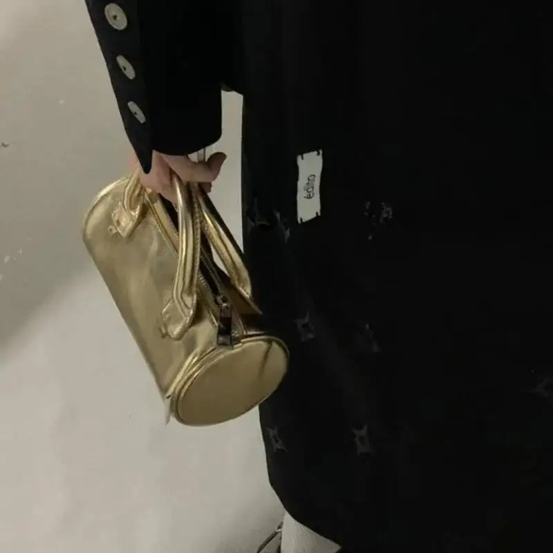 Bloom Hot Girls Gold Messenger Purse Women High Street Handle Cylinder Crossbody Bags Female Retro Y2k Hand Bag Aesthetic