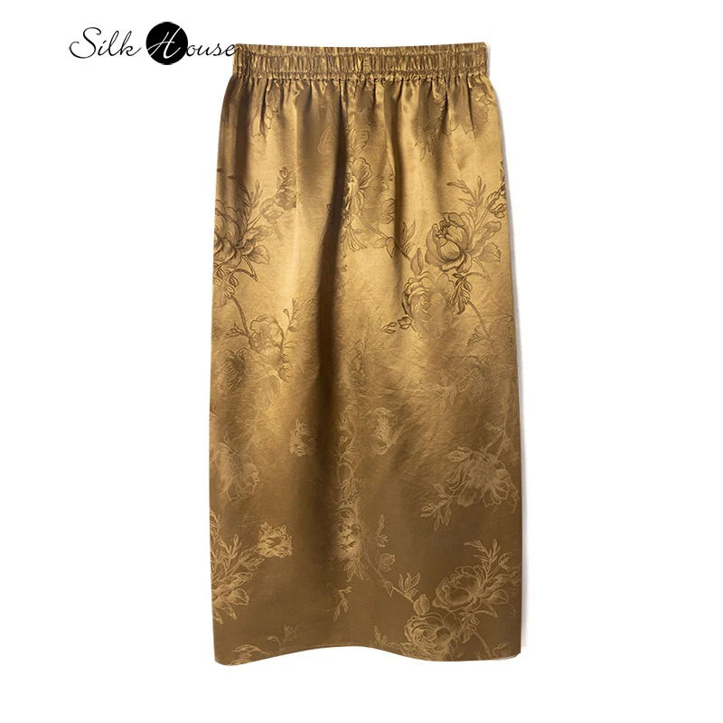 

Golden Peony Elastic Waist Glossy 100% Natural Mulberry Silk Jacquard Gambiered Guangdong Gauze Women's Fashion Split Skirt