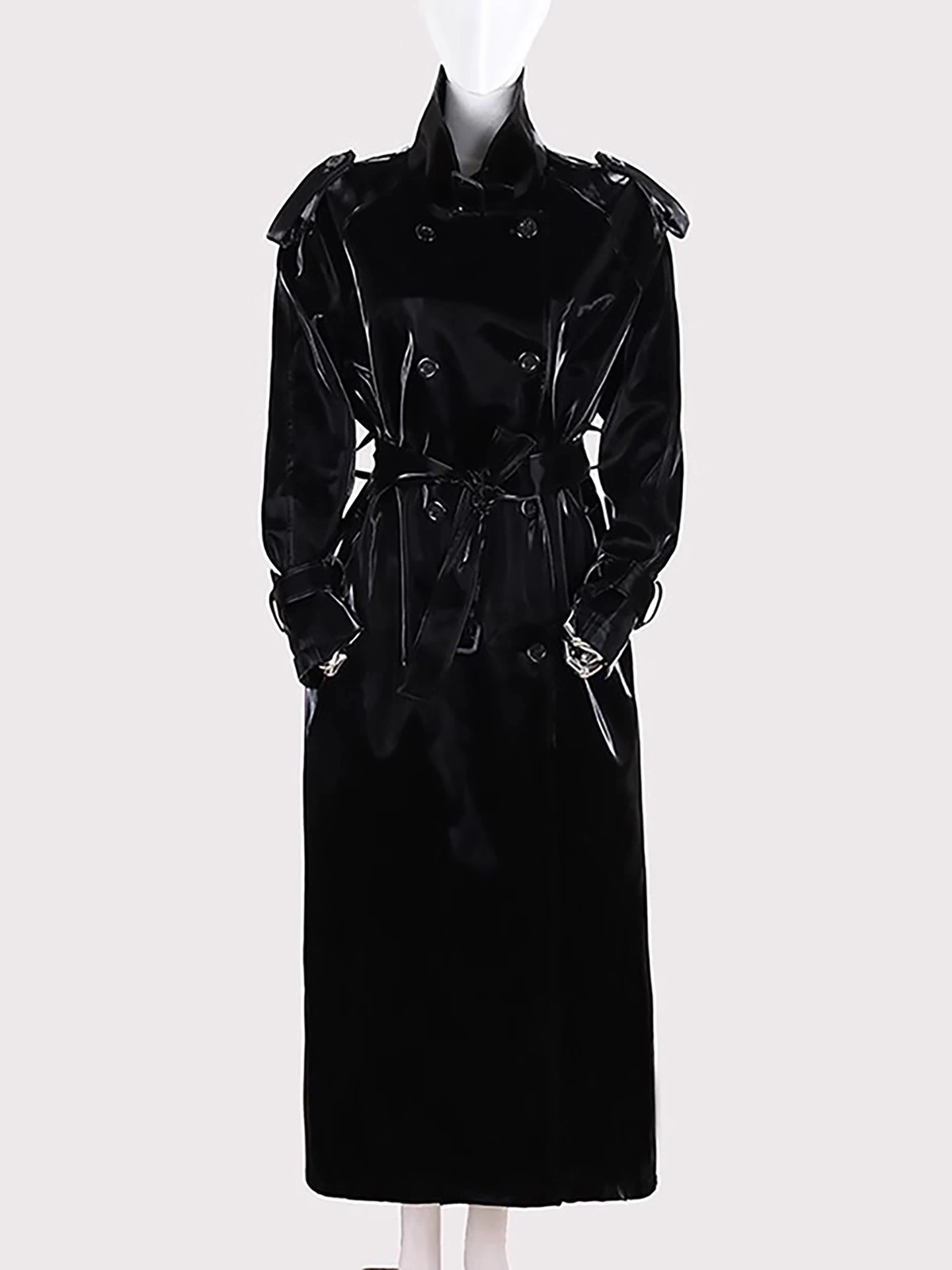 

Autumn Extra Long Oversized Reflective Shiny Black Faux Leather Trench Coat for Women Belt Luxury Designer Clothes Overcoat 2025