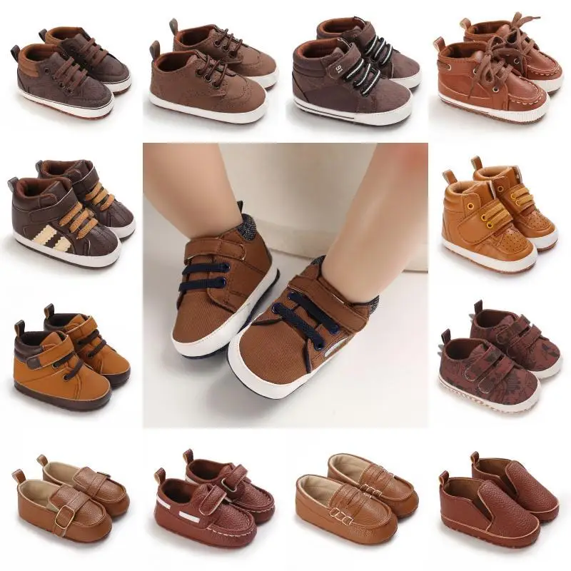 Newborn Baby Shoes Brown Themed Multicolor Boys and Girls Shoes Casual Sneakers Soft Sole Non-Slip Toddler Shoes First Walkers