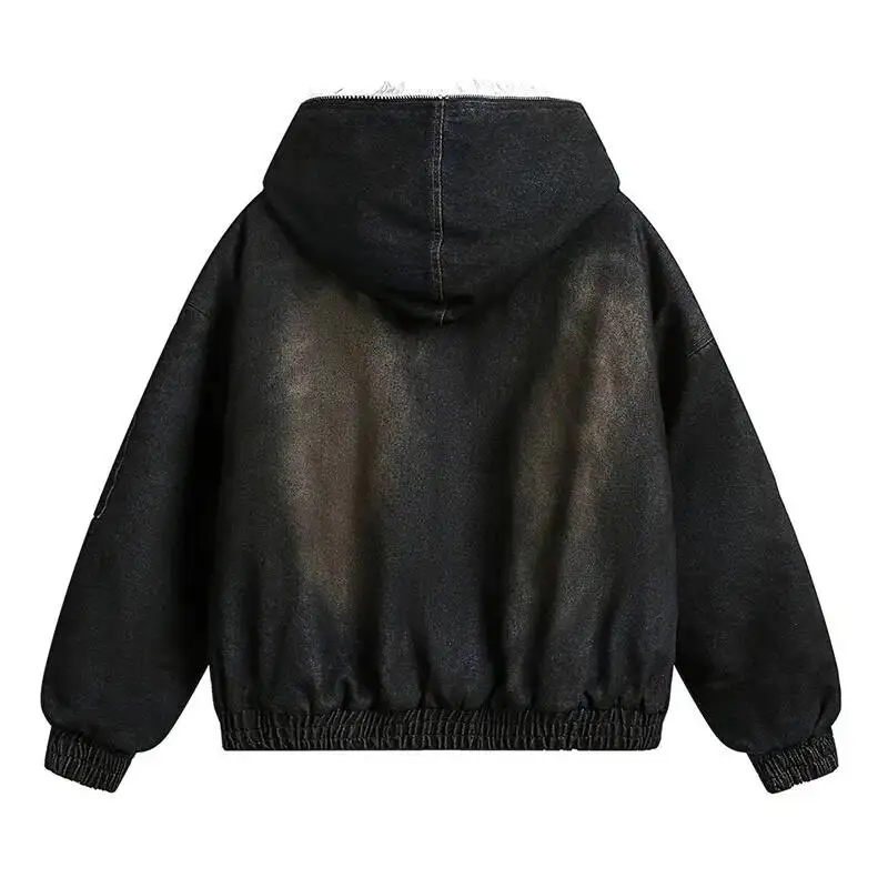 Men's Padded Jackets New Fashion Denim Fleece Hooded Worn-out Zipper Patchwork Loose Winter Male Clothing Stylish 06F1986