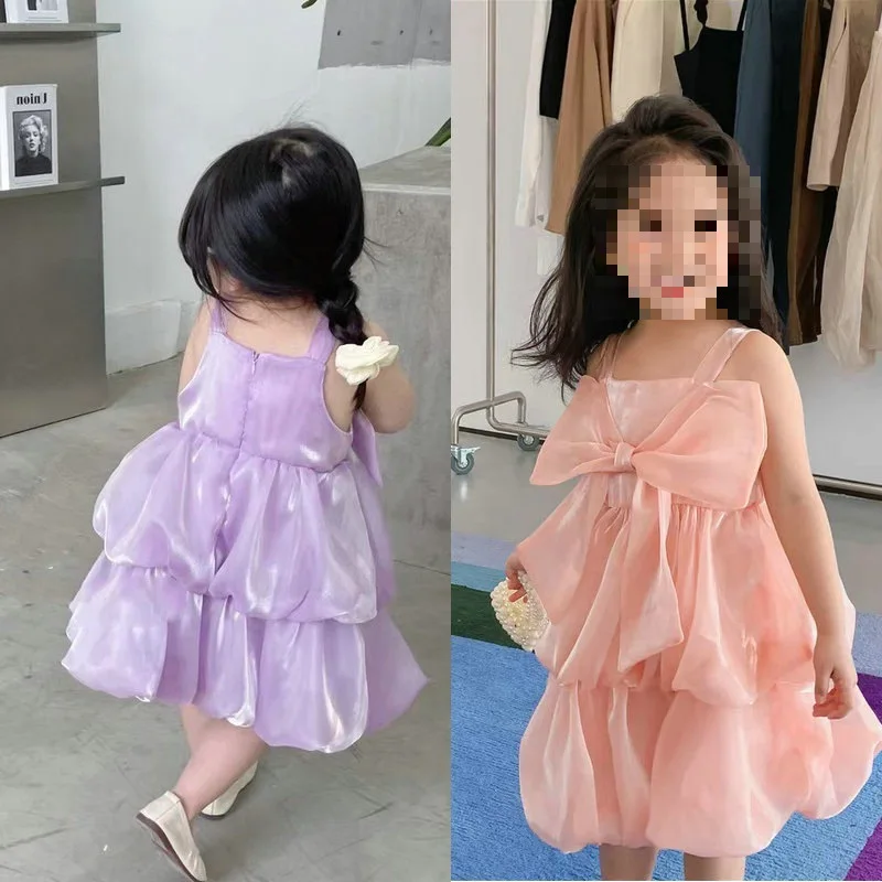 Girls Pink Lady Pompadour Dress Cake Dress Off-the-shoulder Halter Bow Princess Dress Korean Simple Style Fashion Skirt