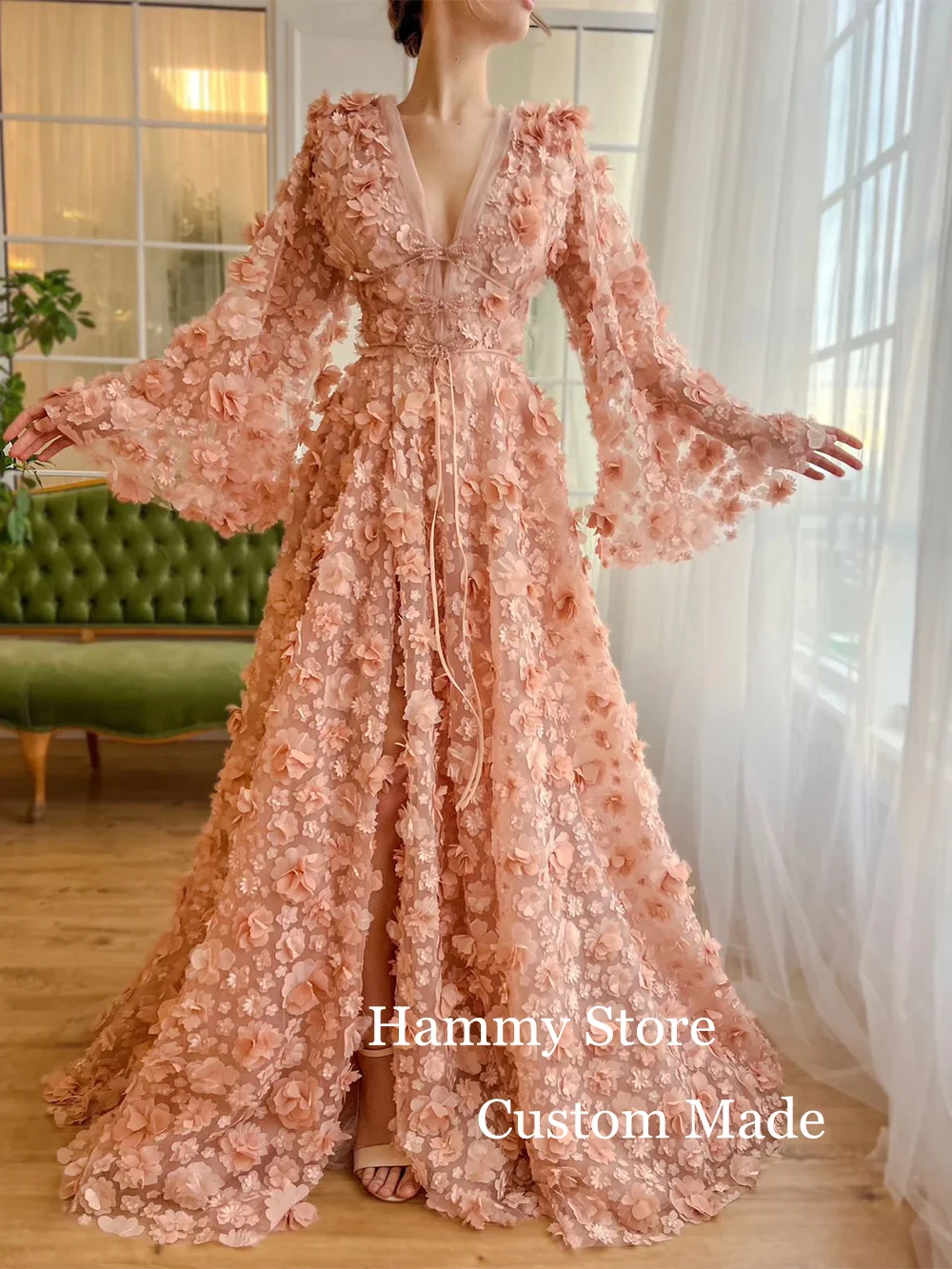 Customized Special Occasion Dresses Evening Dress Batwing Sleeve V Neck High Slit Flower Lace Prom Gown for Weddings Party Dress