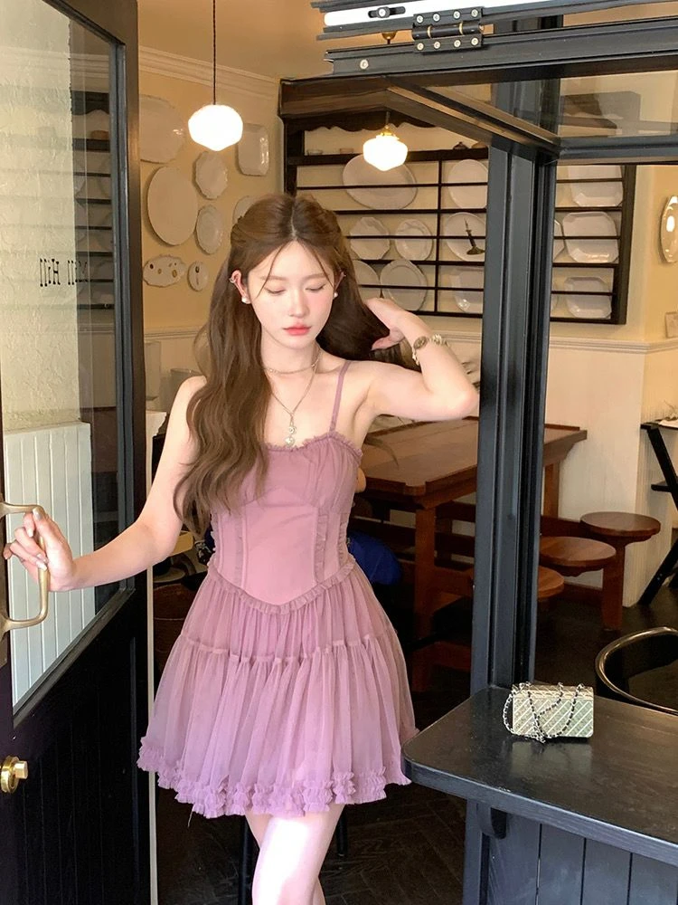 

Spicy Girl Ballet Birthday Dress, High end, Small stature, Elegance, Purple Mesh Strap Dress, Female