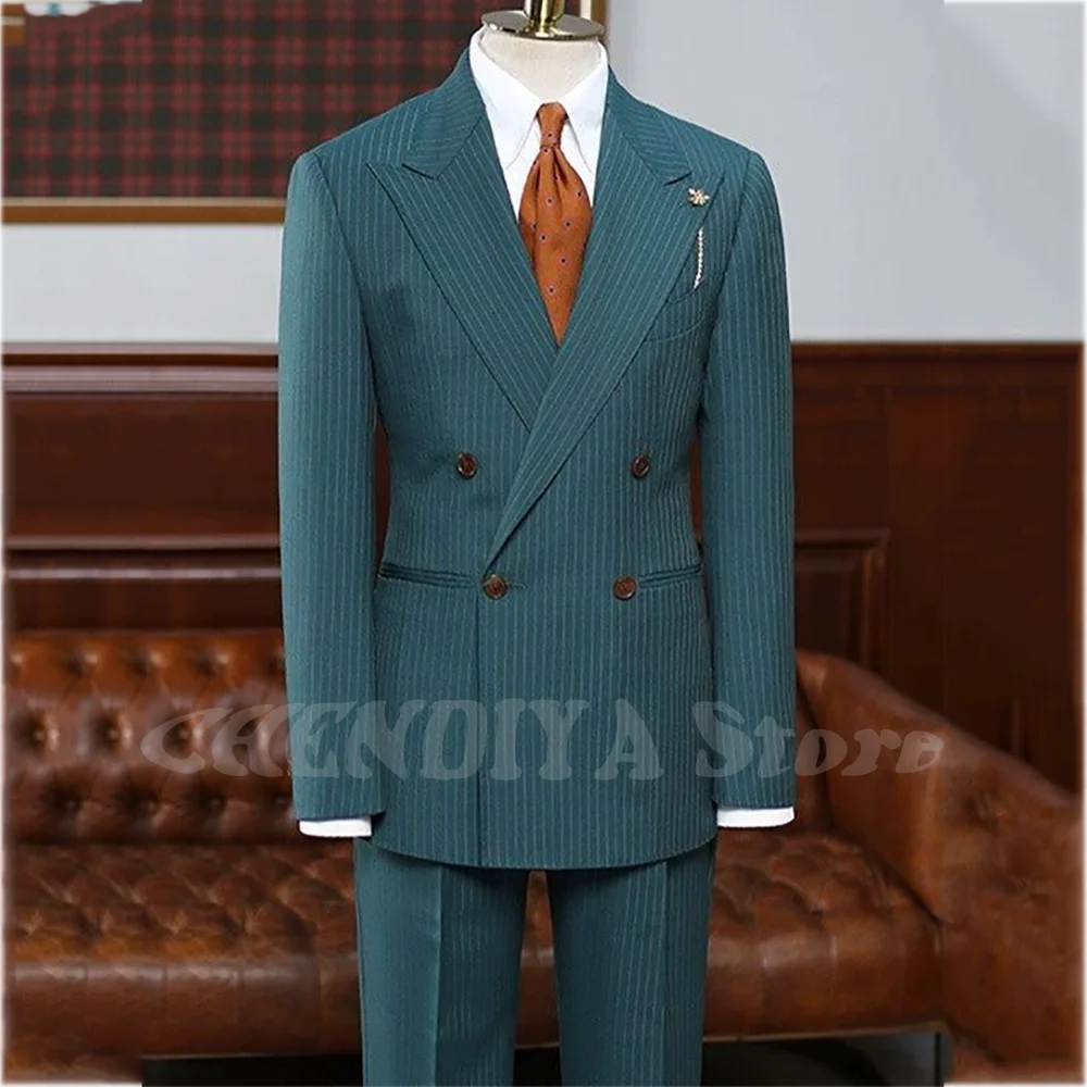 بدلة مقلمة للأعمال للرجال جودة عالية قطعتين الذروة التلبيب السترة الرسمية مجموعة مزدوجة الصدر بدلة زفاف عادية #1