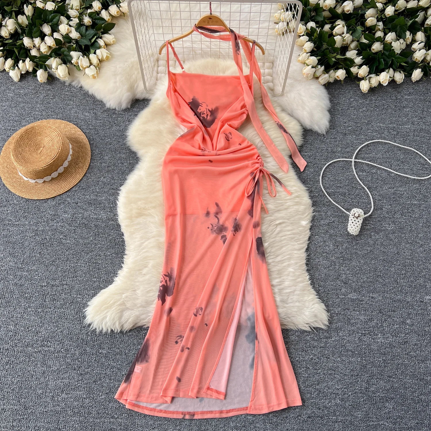 

Sexy Sleeveless mesh print Split Slip Dress Chic Elastic Slim Fashion Party Sundress Women Elegant Pencil Vestidos dresses