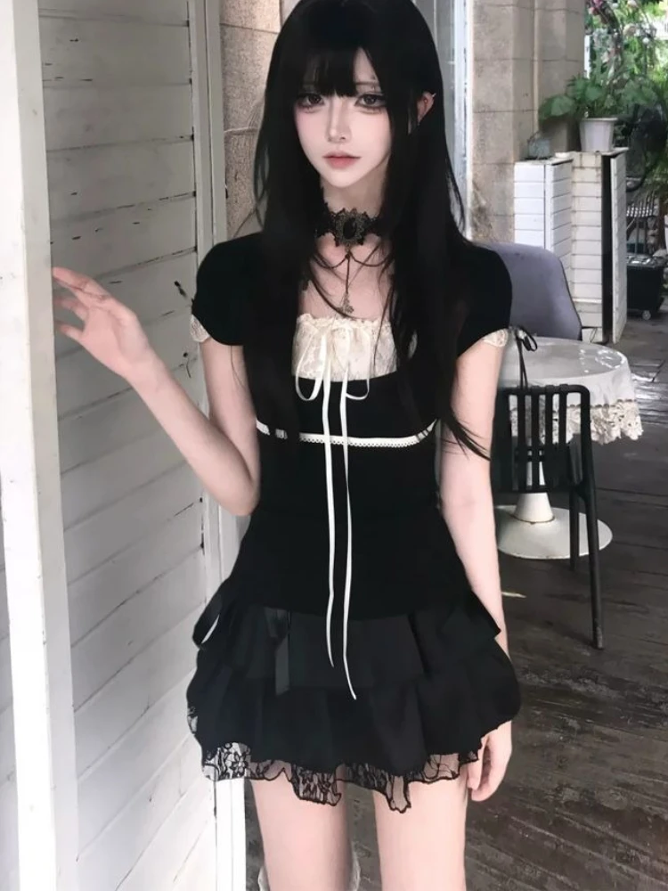 

Y2k Subculture Vintage Short Sleeve Skinny 2-piece Set Summer Design Sexy Bow Black Patchwork Tops + Chic Gothic Short Skirt