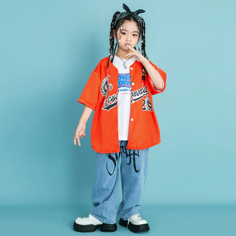 

Kid Kpop Hip Hop Clothing Orange Cardigan Shirt Top Denim Blue Casual Wide Baggy Pants for Girl Boy Street Dance Costume Clothes