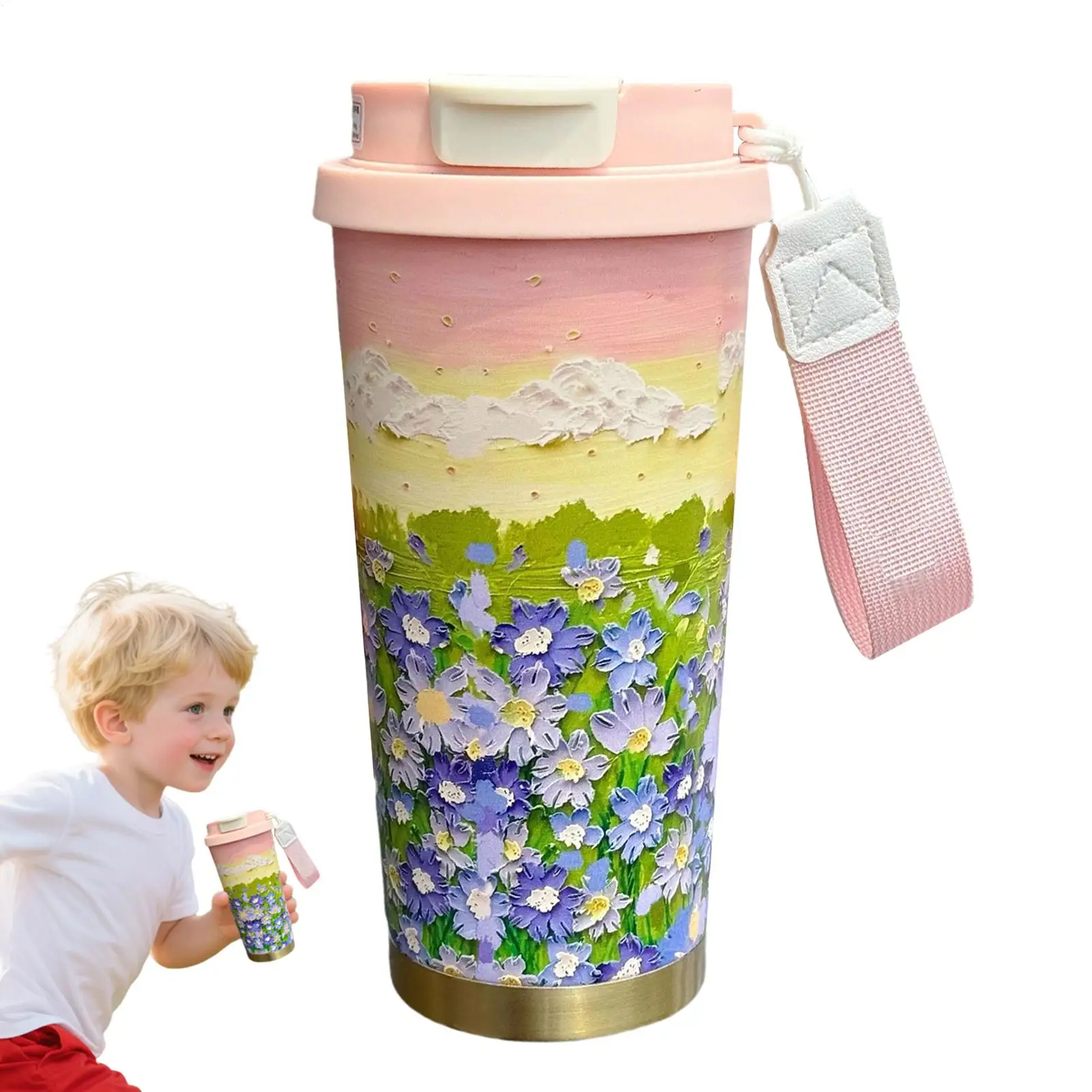 

Thermal Cup 500ml Portable Coffee Mug Flower Pattern Double Drink Modes Water Bottle With Lanyard And Lid Leak-Proof Cup For Hot