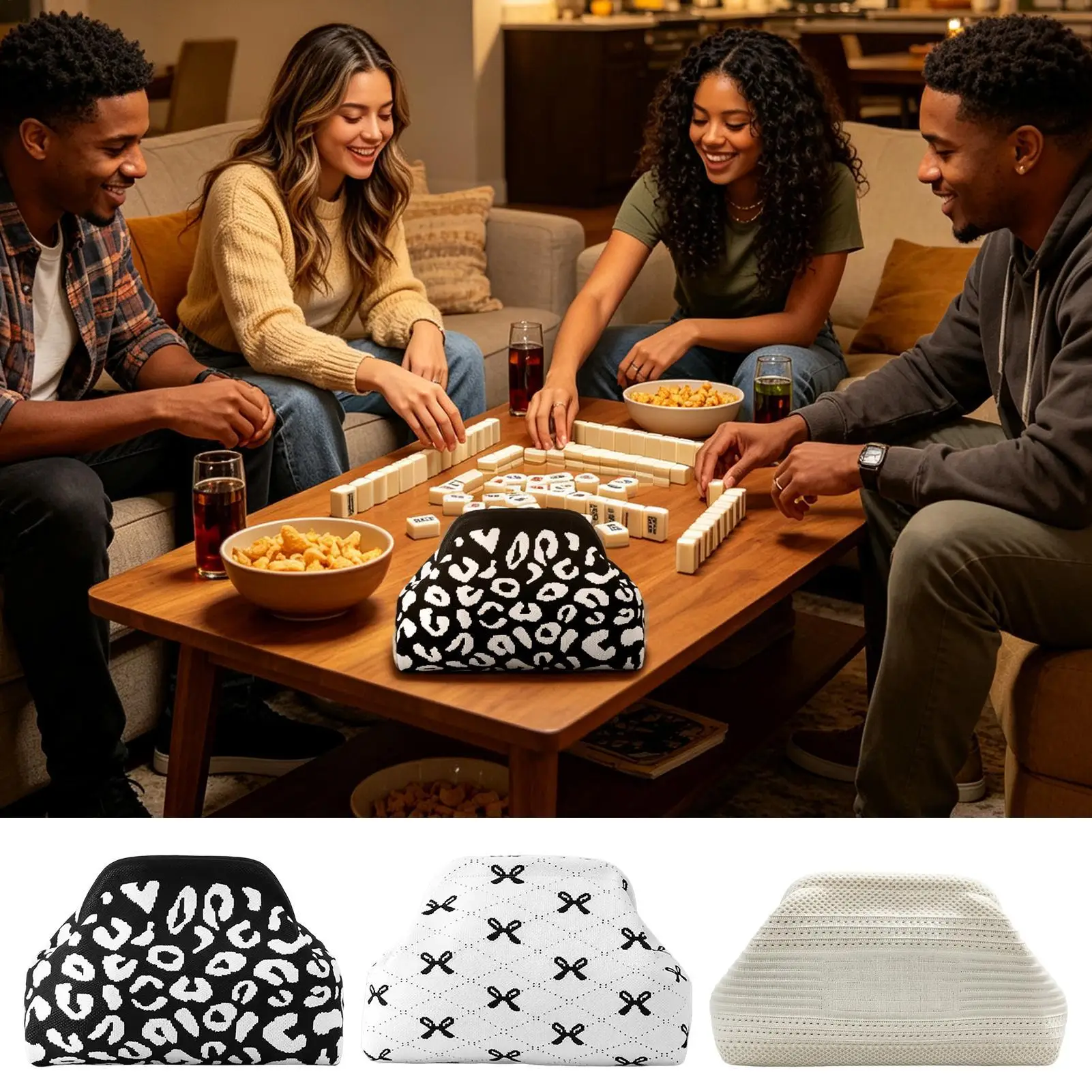 Mahjong Tile Storage Bag Aesthetic Prints Hand-woven Dice Coin Holder Case Magnetic Closure Mahjong Tile Case For Travel Home