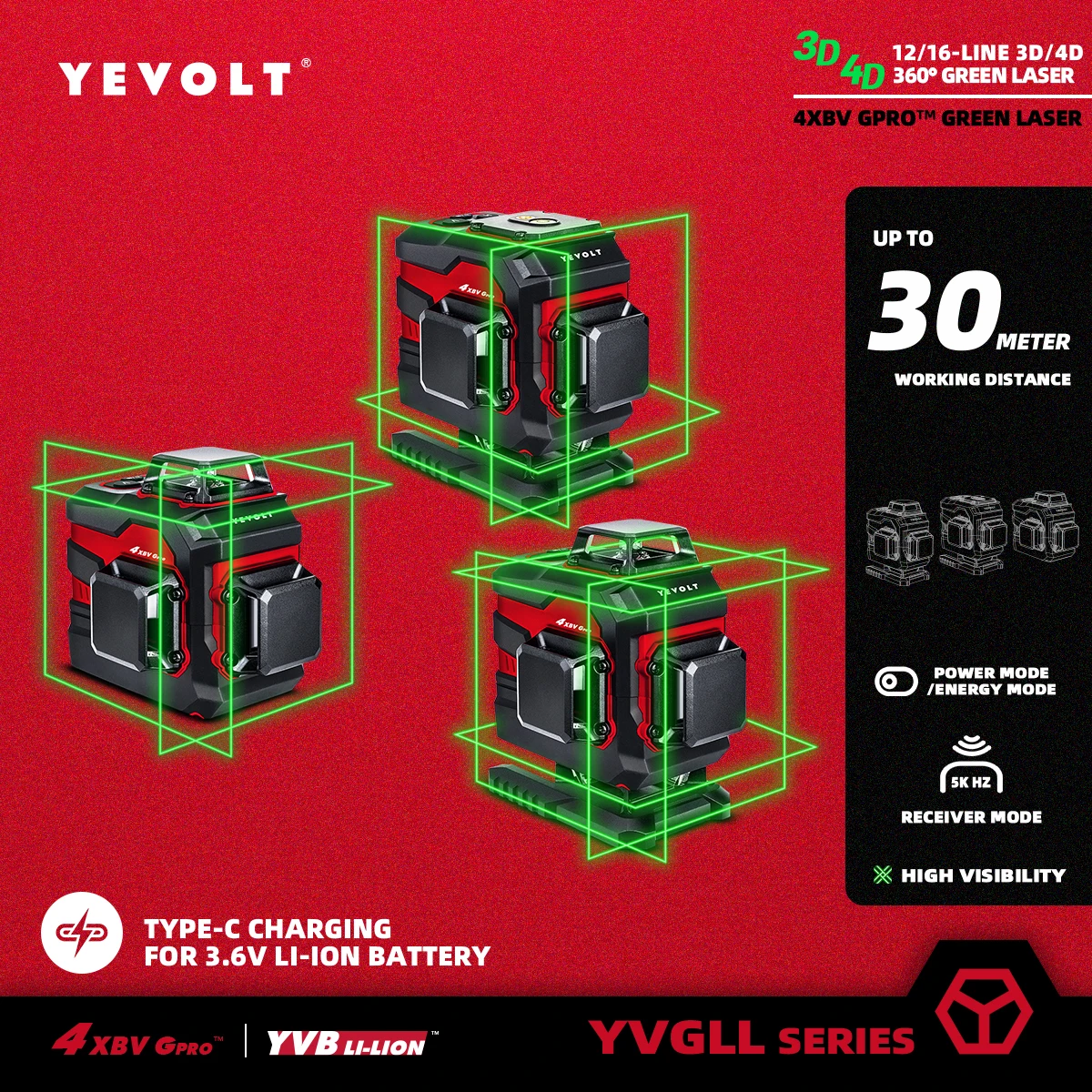 

YEVOLT YVGLL4XS Series Green Laser Level 3/4-Plane 12/16-Line Self-leveling 360 3D/4D Horizontal & Vertical 3.6V 3Ah Power Tools