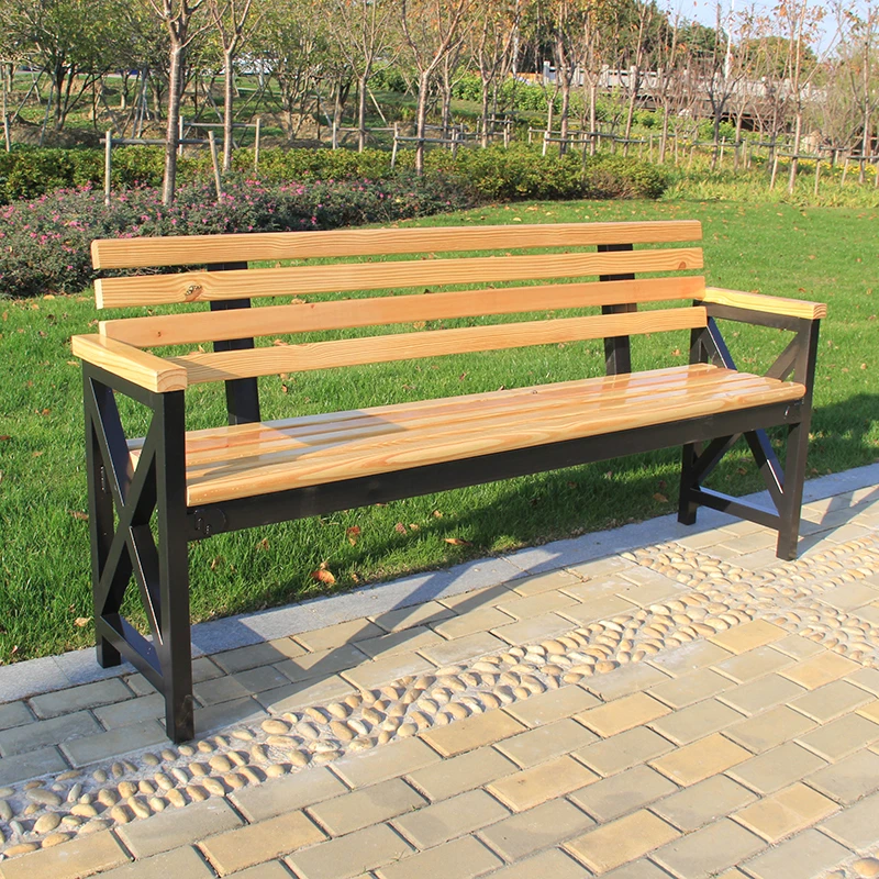 Anti-corrosive solid wood backrest bench wrought iron park chair outdoor bench square outdoor leisure bench