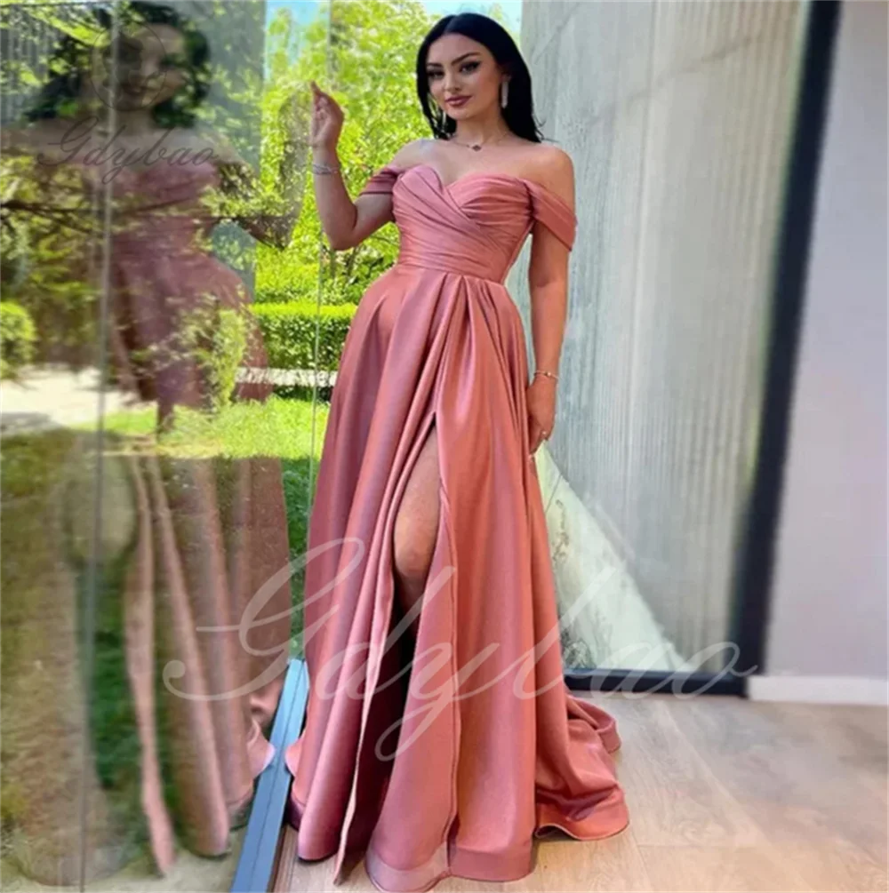 Short Sleeve Satin Ceremonial Dresses Solid Slim Waist A-line Side Gown Satin Sleeveless Evening Dresses Elegant Long Simple Pro