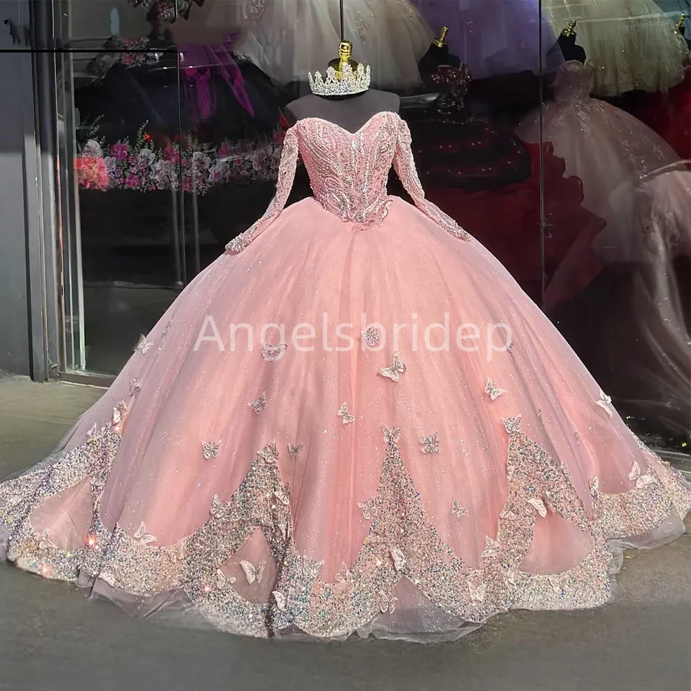 Angelsbride Long Sleeves Quinceanera Dresses 2025 Mexican Vestidos De 15 Anos 3D Butterfly Glitter Sequined Birthday Party