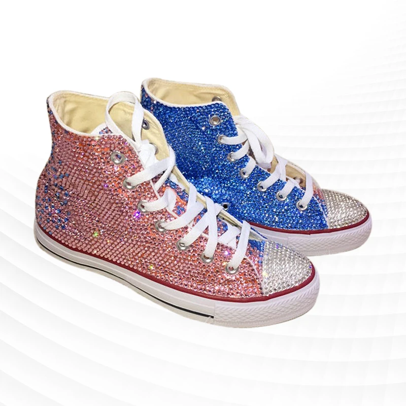 Double spell blue pink high-top canvas shoes comfortable walking sneakers comfortable handmade rhinestone vulcanized shoes 35-46