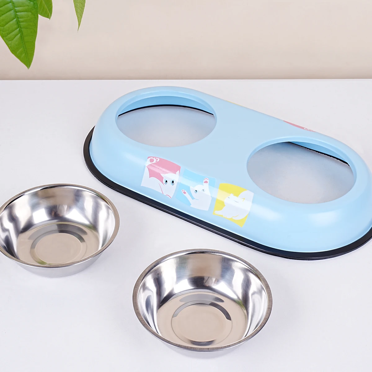 One piece pet double bowl wheat straw round two in one stainless steel bowl pet supplies dog bowl