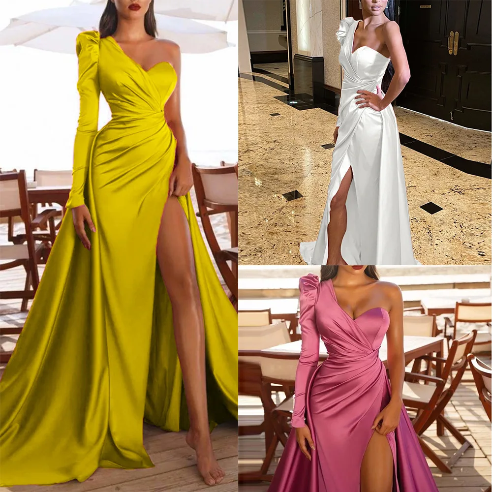 

2022 New Solid Color Side Split Prom Dresses Mid-eastern Saudi Arabia One Shoulder Off Long Sleeves Pleated Evening Gown