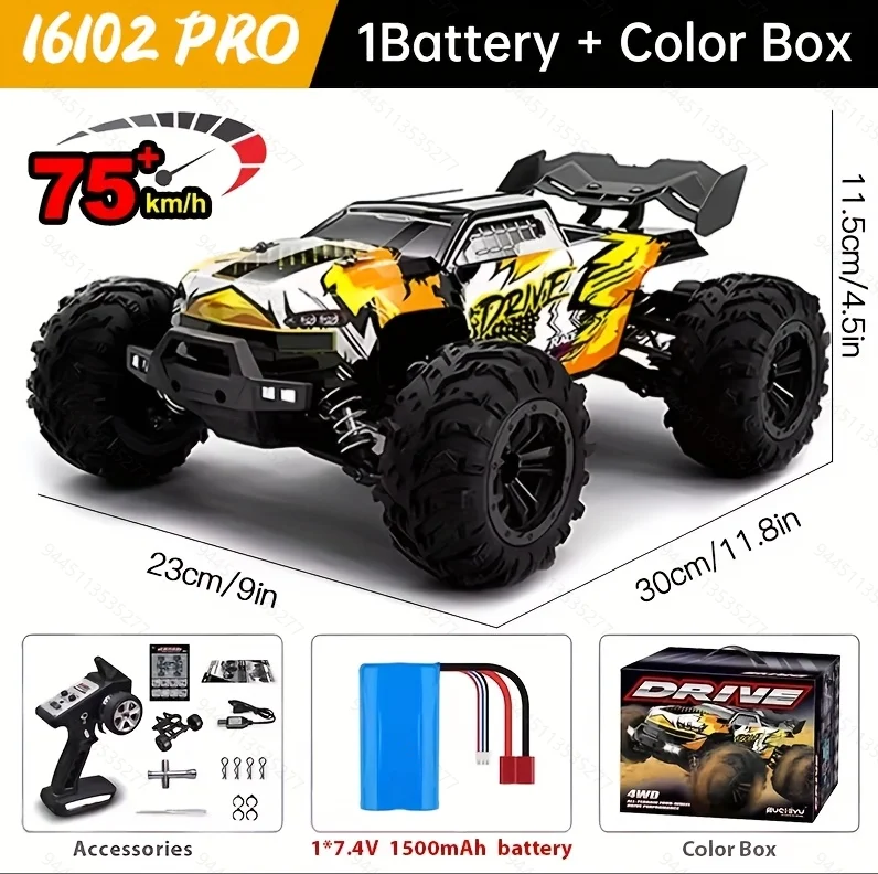WLtoys 2,4GHz RC auto, 1:16 75 km/u off-road monstertruck met koplampen en chassisverlichting, crawlerauto voor liefhebbers en kinderen