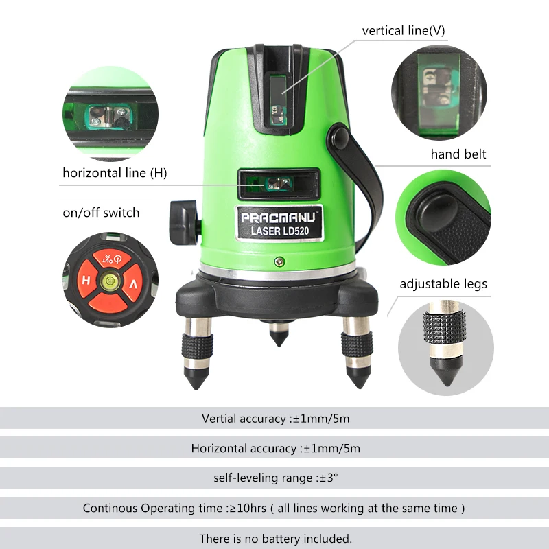 PRACMANU 5 Lines Laser Level Green Beam 360 Self Leveling Horizontal And Vertical Cross Line Level with Rotary Base