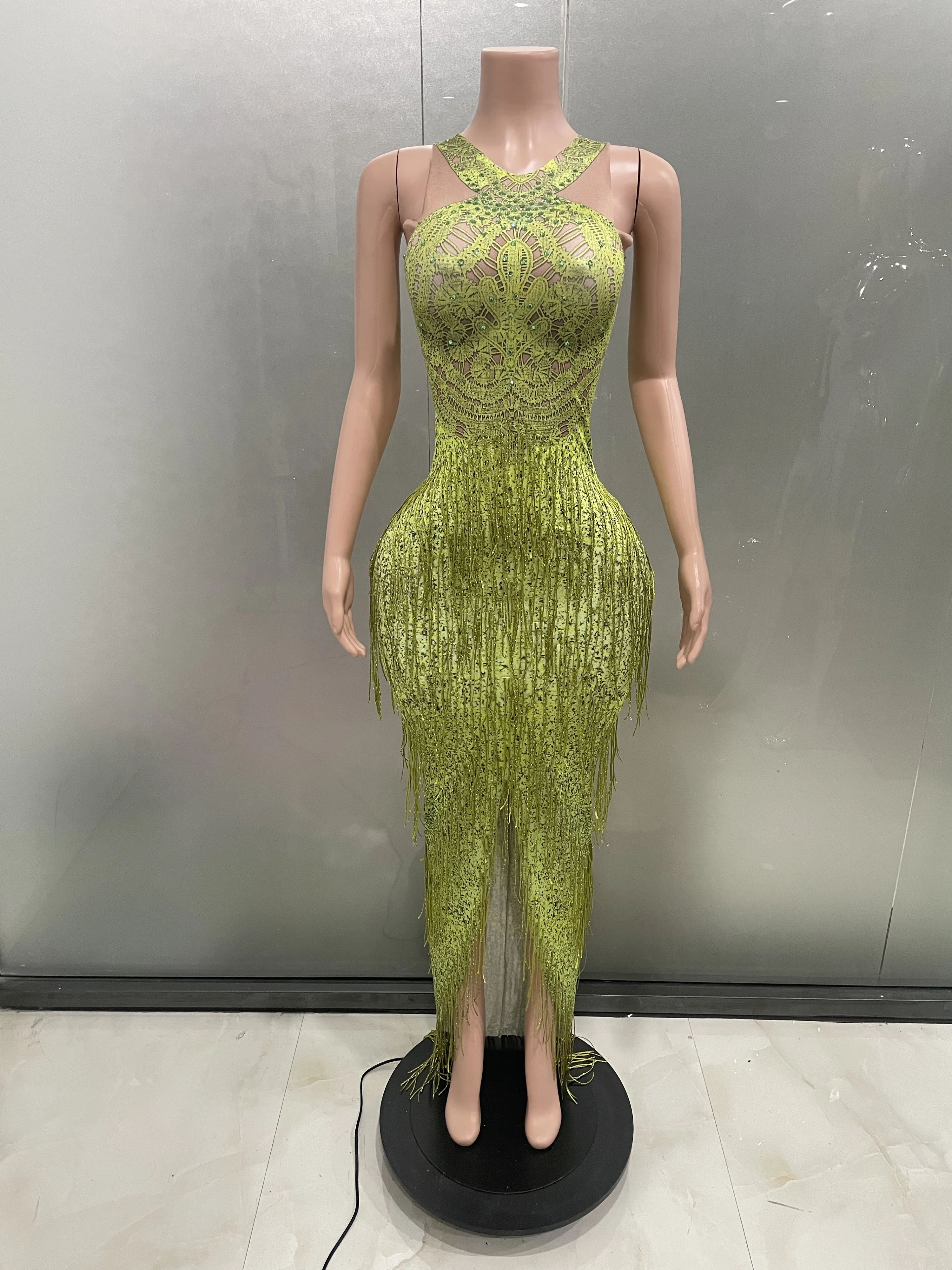 Sexy Sparkly Rhinestone Green Printing Tassel Sleeveless Slit Sheath Dress Women Evening Party Bar Nightclub Dancer Stage Wear