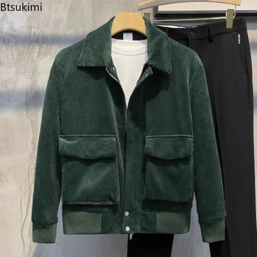 2025 Autumn Winter Men's Corduroy Jackets Retro Jacket Solid Color Lapel Large Pocket Slim Fit Coats Fashionable Casual Tops